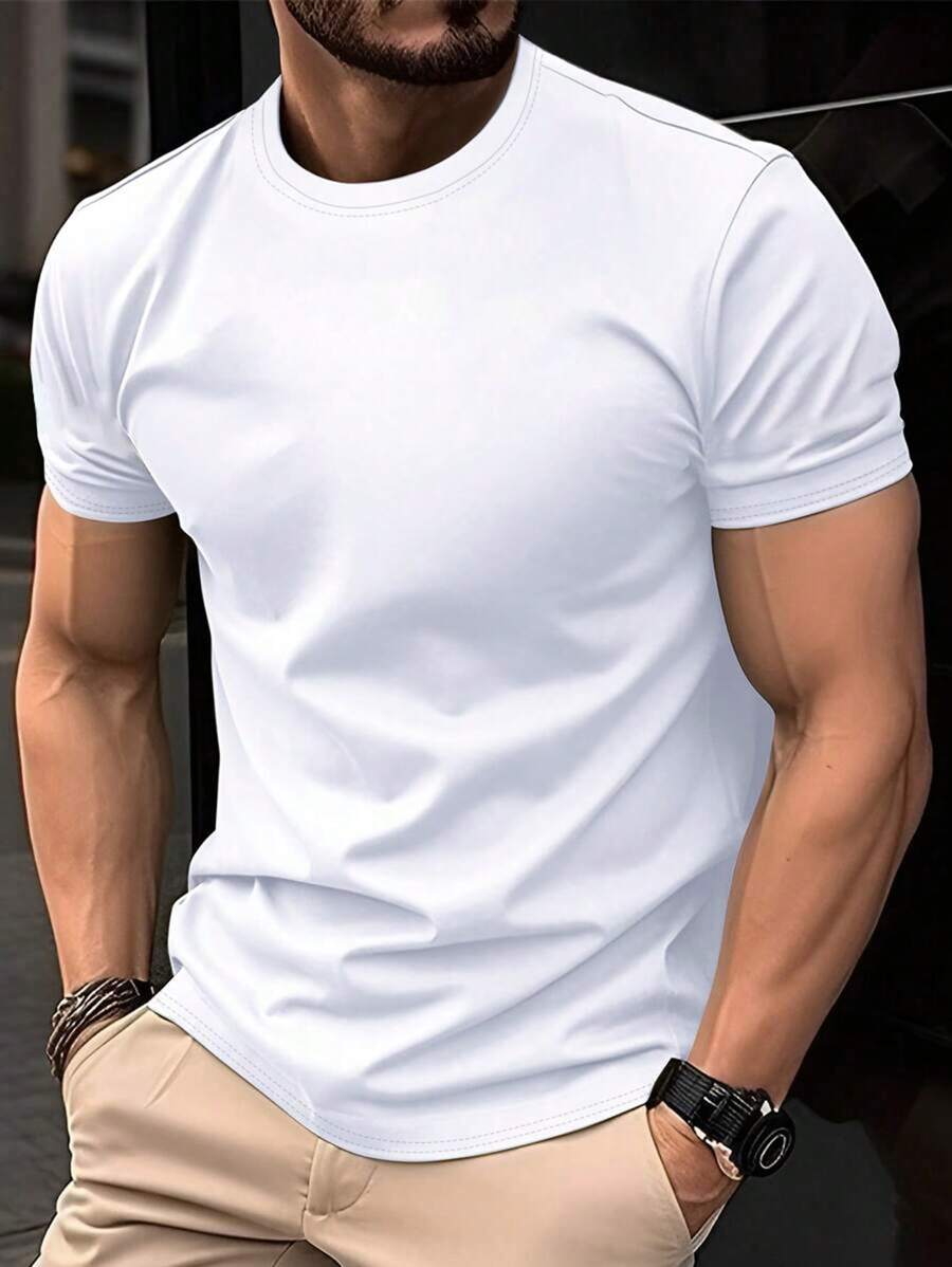 Manfinity Homme Camiseta de manga corta de cuello redondo lisa para hombres tallas grandes, uso diario casual, para el trabajo - Blanco - Ver 1