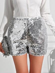 SHEIN Clasi Silver Sequin Party Women's Shorts - Silver - View 1