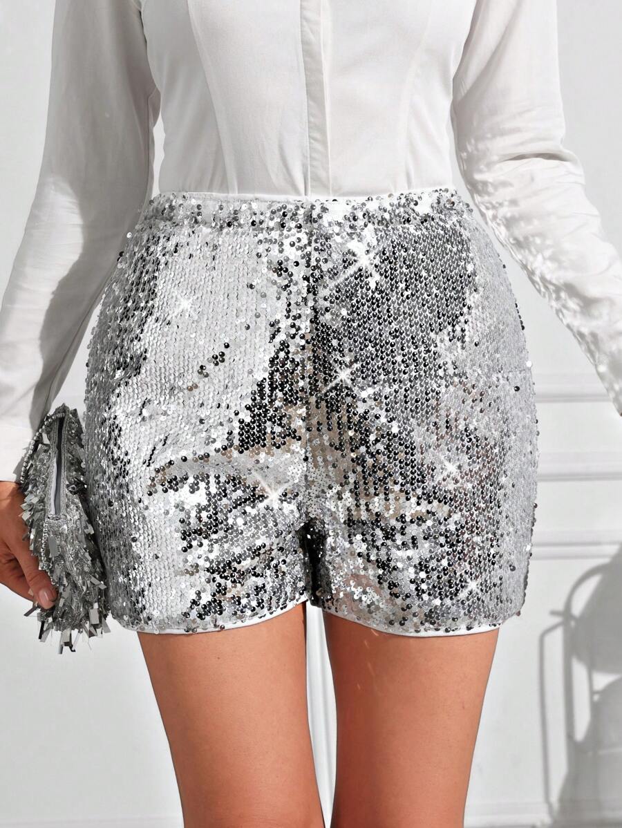 SHEIN Clasi Silver Sequin Party Women's Shorts - Silver - View 1