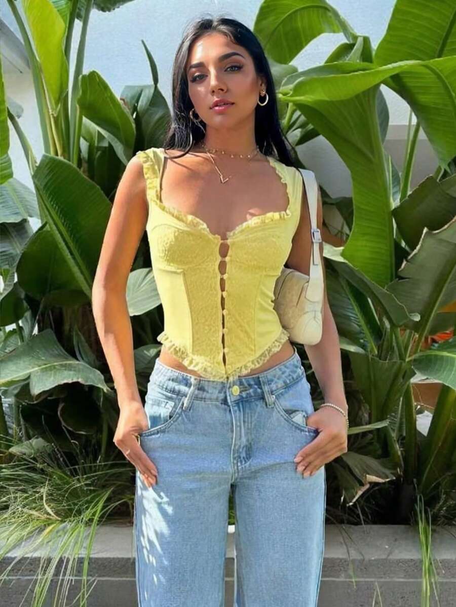 Camiseta de tirantes ajustada con cuello de corazón y volantes, para mujer, para verano - Amarillo - Ver 1