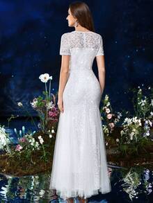 MIUSOL Vestido de gala de noche de longitud maxi formal con dobladillo de malla con inserciones de encaje y lentejuelas, elegante vestido de novia blanco para la boda - Blanco - Ver 3