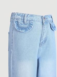 Quần jeans ống rộng cho bé gái tuổi teen với họa tiết nụ hoa cổ điển và gấu quần xếp ly kiểu Hàn Quốc, dáng rộng thoải mái, phù hợp cho mọi mùa. - Rửa trung bình - Xem 3