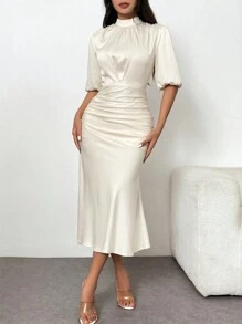Rafferiza 泡泡袖收腰美人鱼纯色连衣裙，优雅长款缎面女装 - 香檳色 - 查看 6