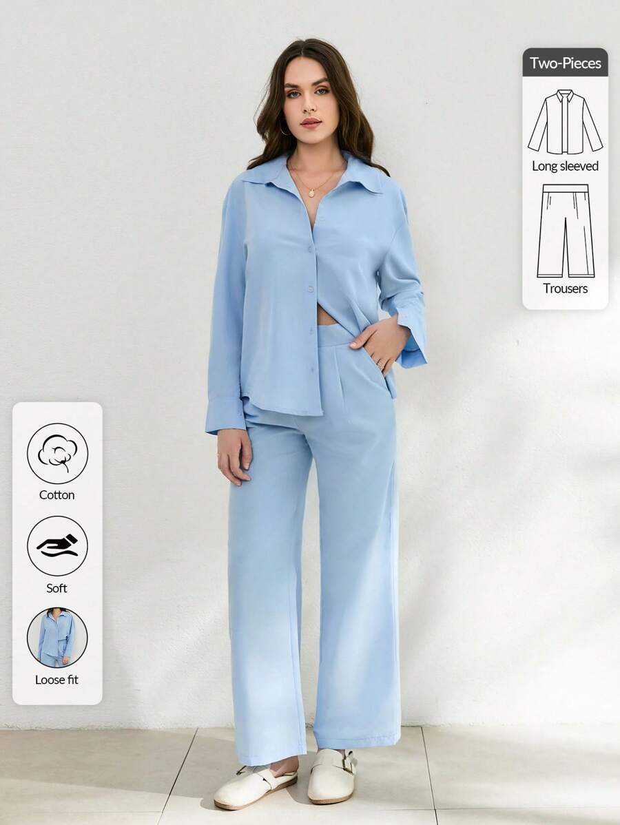 SHEIN Cottnline Blue Two Pieces Blue Shirt And Palazzo Pant - Blue - View 1