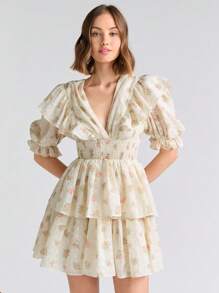 Enchnt 小花印花荷葉邊襯托泡泡袖裙 - 杏色 - 查看 7