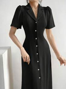 Modelyn 翻领前纽扣泡泡袖连衣裙超长款女士装长款晚礼服 - 黑色 - 查看 4