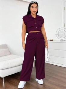 Flirla Conjunto de talla grande de camisa holgada sin mangas con múltiples bolsillos y pantalones casuales tipo cargo de 2 piezas