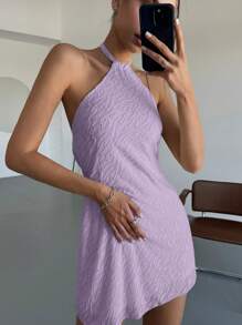 SHEIN EZwear Spring/Summer White Texture Halter Backless Short A-Line Dress - Purple - View 5