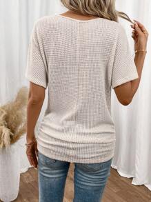 SHEIN Frenchy Solid V Neck Batwing Sleeve Tee Fall Women Clothes Old Money Style Teacher T Shirt Winter Clothes Summer Casual - Apricot - View 2