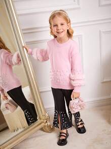 SHEIN 少女粉色毛绒珍珠缀饰毛衣，秋冬款 - 淺粉色 - 查看 3