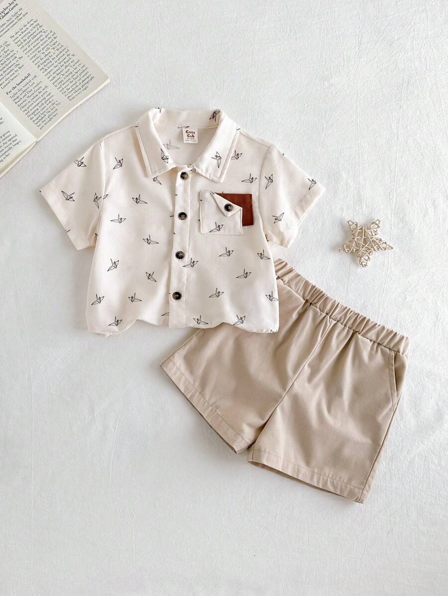 Cozy Pixies Baby Boy Color-Block Crane Pattern Polo Shirt And Casual Shorts Set - Apricot - View 1
