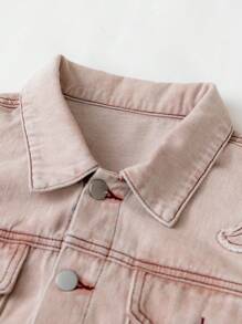 Teen Girls' Butterfly Embroidery Design Washed Denim Jacket, Casual Fashion New Style - Baby Pink - View 3