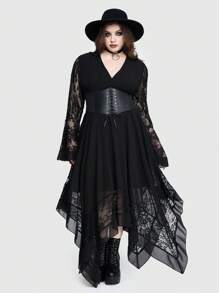 ROMWE Váy cổ chữ V sâu gợi cảm Gothic cỡ lớn có tay áo loe, viền bất đối xứng, chèn ren và thắt eo - màu đen - Xem 6