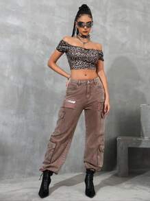 Quần jean denim rách có cúc có nhiều túi, để mặc thường ngày - Cà phê nâu - Xem 2