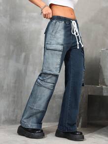 Flap Pocket Drawstring Waist Cargo Jeans For Dailywear - Dark Wash - View 5