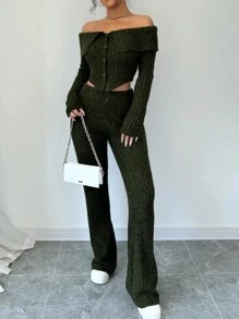 SHEIN Unity Conjunto de dos piezas para mujer con blusa y pantalones largos de punto con cuello descubierto y unicolor para uso diario. - Caqui - Ver 3