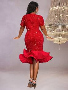 Vestido de fiesta brillante con volantes de un solo hombro - Rojo - Ver 2