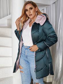 Astrid Plus Size Winter Hooded Button Pocket Slim Fit Casual Warm Jacket - Green - View 3