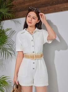 SHEIN Tonåring Flickor Sommar Boho Denim Romper Ben Stil Vit Endelad musikfestival Lös Cowboy Sjunga Kläder Strandsemester Fritidsdag Kortärmad Vit - Vitt - Visa 1