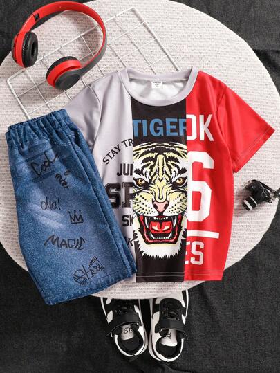 SHEIN 年轻男孩圆领拼色全印花短袖上衣和字母印花短裤夏季休闲两件套