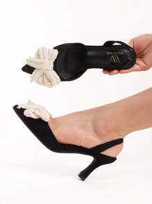 Jesień/Zima 2025 Damskie białe sandały na obcasie z kokardą i sztucznymi perłami, eleganckie czarne sandały na walentynki, eleganckie, damskie czółenka, eleganckie, stroje imprezowe - Czarne - Zobacz 4