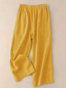 Mẫu quần mới Xuân/Hè, thích hợp cho công sở và mặc thường ngày, cạp cao buộc dây bên hông, ống rộng, dài 7/8, lưng thun co giãn tạo cảm giác thoải mái và thoáng khí. Màu trơn đa năng, phù hợp cho công sở và mặc hàng ngày. Kiểu dáng rộng rãi, thời trang và thanh lịch. Thích hợp cho ngày Valentine, kỳ nghỉ. - Màu vàng - Xem 2