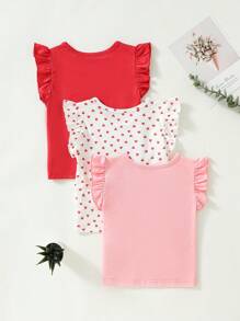 SHEIN 3pcs Baby Girls' Leisure Solid Color & Heart Print Cap Sleeve Tops - Multicolor - View 2