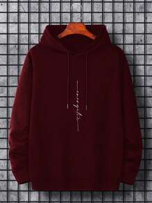 EURMUSE Men Letter Graphic Drawstring Hoodie - Burgundy - View 1