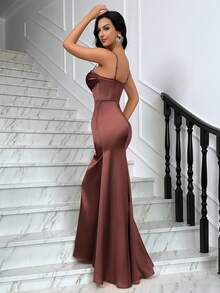 QOQ Fancy Fishtail Extra Long Spaghetti Strap Halter Solid Color Satin Gown Dress For Dinner Party - Redwood - View 2
