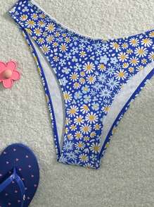 Women's Summer Beach Daisy Printed  Bikini Set - Blue - View 6
