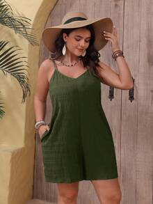 SHEIN VCAY Mono informal con bolsillo inclinado y textura de talla grande para verano - Verde militar - Ver 4