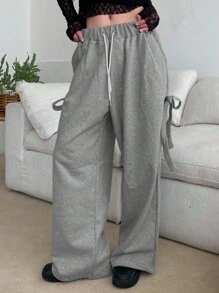 DAZY Pantalon de jogging ample gris ample à large jambe et nœud papillon sur le côté pour femmes, pour un port quotidien - Gris - Voir 3