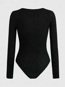 Chiquease 2pcs Square Neck Ribbed Long Sleeve Bodysuit And High Waist Decorative Belt Straight Leg Pants Set - Black - View 7