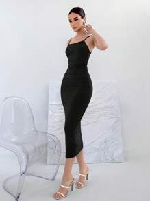 Aloruh 後系結彈性帶肩帶長裙，開背設計，無袖，適合夏季穿著 - 黑色 - 查看 5