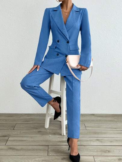 Chiquease 女性用ノッチドラペルロングスリーブダブルブレストブレザー