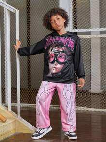 Tween Boy 3D  Letter Flame Pattern Hoodie And Pants Set - Pink - View 4