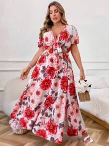 SHEIN Clasi Plus Size Floral Printed Top With Tie Front And High-Slit Skirt Two Pieces Set - Multicolor - View 5