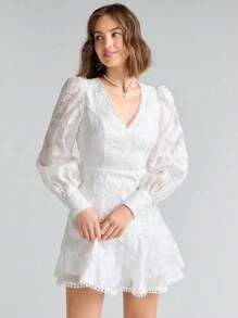 Enchnt Autumn White Palace Romantic Lantern Long Sleeve Backless Ruffle Hem Lace Jacquard Short Dress - White - View 2