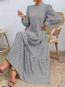 SHEIN LUNE 女士幾何印花荷葉邊連衣裙 - 黑與白 - 查看 6