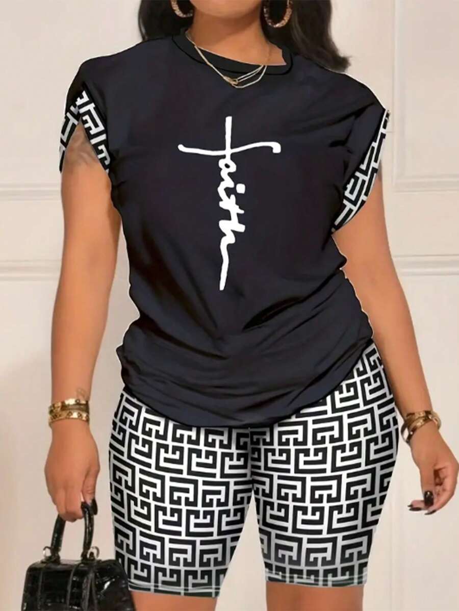 歐美女性春夏新款時尚流行的圓領印花短裝套裝