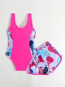 SHEIN Tween Girl Swimsuit/One-Piece Swimsuit/Printed With Ruffles/ 2pcs Set - Multicolor - View 2