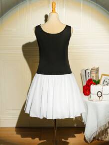 Teen Girls' Bowknot Sleeveless Patchwork Summer Dress - Black and White - View 2