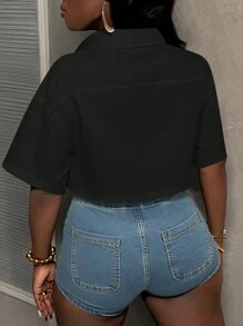 Slaydiva Casual White Polo Collar Short Crop Top With Pocket, Women's Shirt With Work Pockets - A - Black - View 3