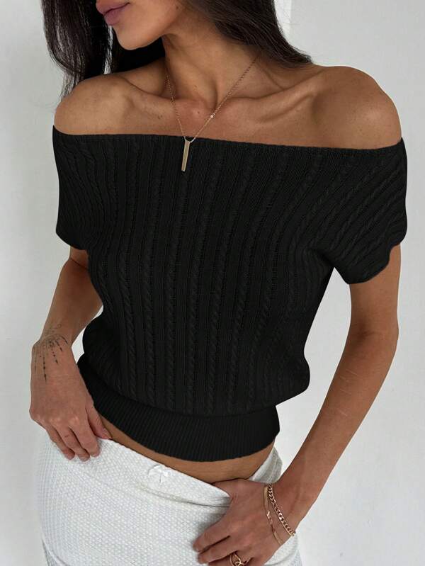 Aloruh Elegante top de textura de punto blanco con hombros descubiertos para mujeres