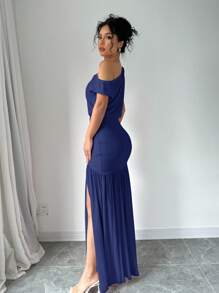 Elenzga Maxikleid für Frauen mit hohem Schlitz, schräger Schulter und Mesh-Einsatz