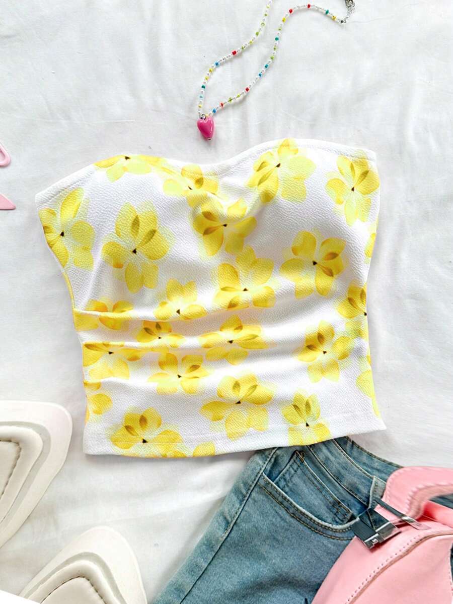 Soleia 粉色水彩花卉針織質感彈性無肩帶無後背浪漫休閒度假女士上衣 - 黃色 - 查看 1