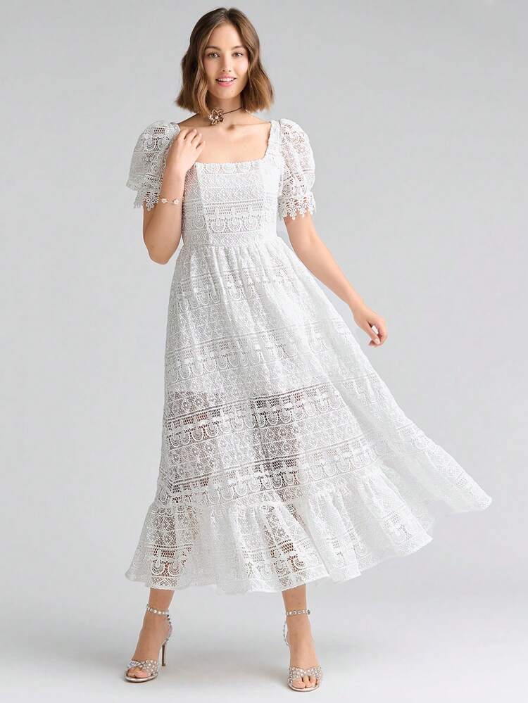 Romantic Summer Holiday Square Neck Puff Sleeve Ruffle Hem Lace Dress