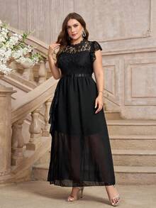 Plus Size Mother Of The Bride Dress, Lace Contrast Mesh A-Line Gown - Black - View 6