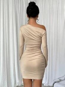 Selianne Oblique-Shoulder Asymmetrical Pleated Long Sleeve Dress Fall Cloth For Women - Apricot - View 2