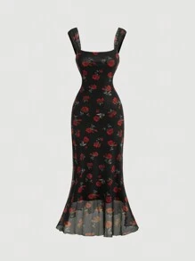 SHEIN MOD Vestido ajustado de cuello cuadrado floral de estilo retro para tallas grandes, vestido midi de verano, vestido sexy, vestido elegante, vestido holgado, vestido de graduación